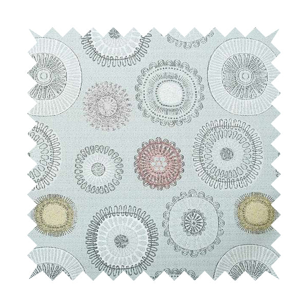 Blue Yellow Pink Coloured Round Medallion Inspired Design Soft Chenille Upholstery Fabric JO-22