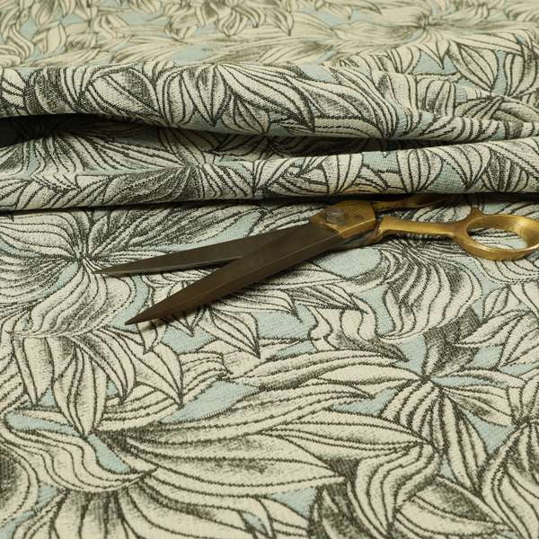 Blue Background With White Leaf Pattern Soft Chenille Upholstery Fabric JO-1321